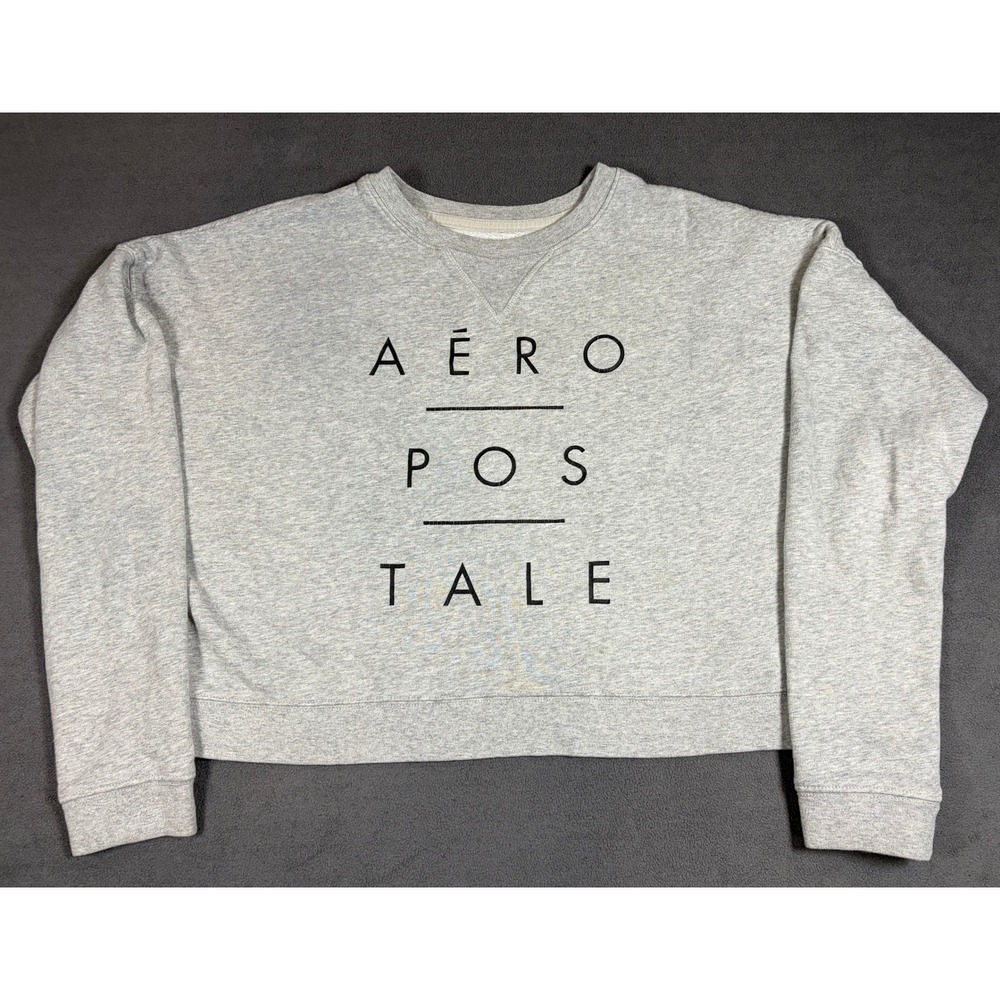 Aeropostale Sweatshirt Womens Medium Gray Graphic Logo Fleece Cropped Pullover